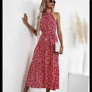 Boho Red Polka Dot High Halter Neck Sleeveless Maxi Dress With Ribbon Belt